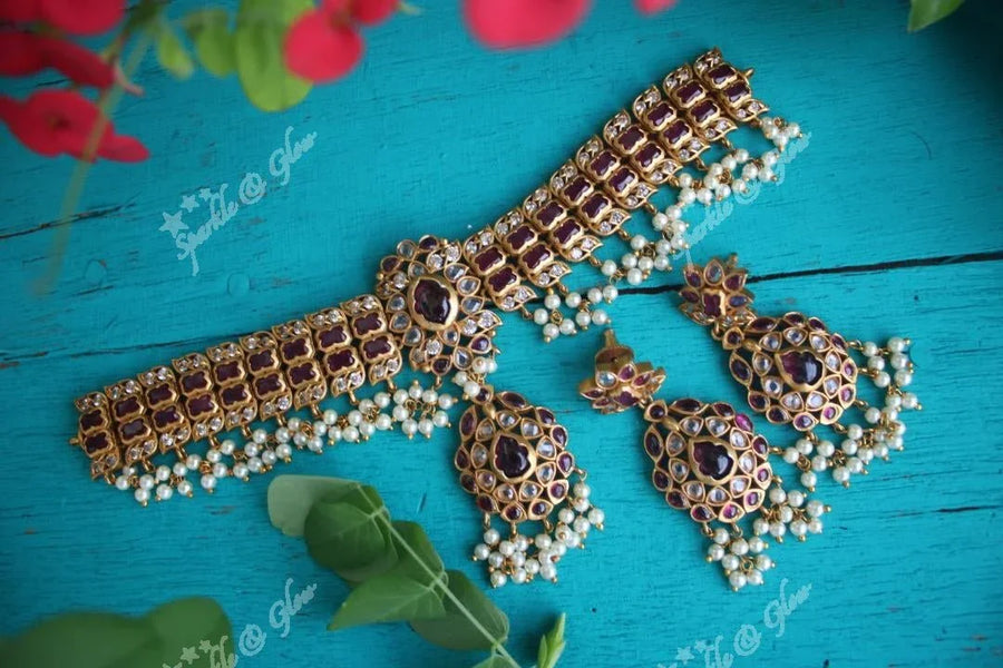 Kemp stones beautiful gutta pusalu choker - Pink - Sparkle and Glow