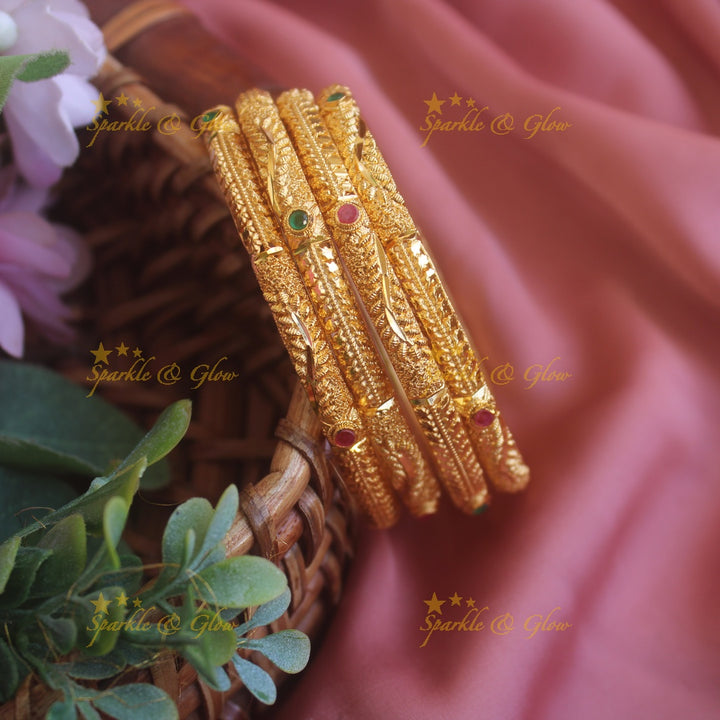 Stunning Leaf design Gold polished bangles with ruby and emerald two pairs,  2.4