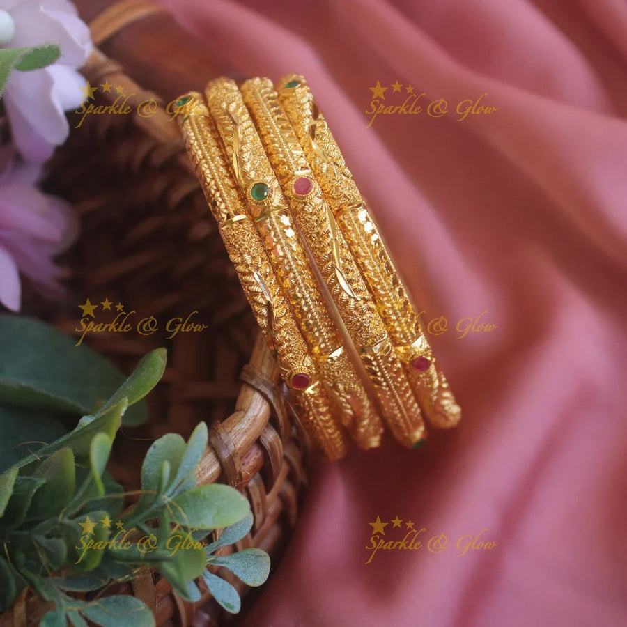 Stunning Leaf design Gold polished bangles with ruby and emerald two pairs, 2.4 - Sparkle and Glow