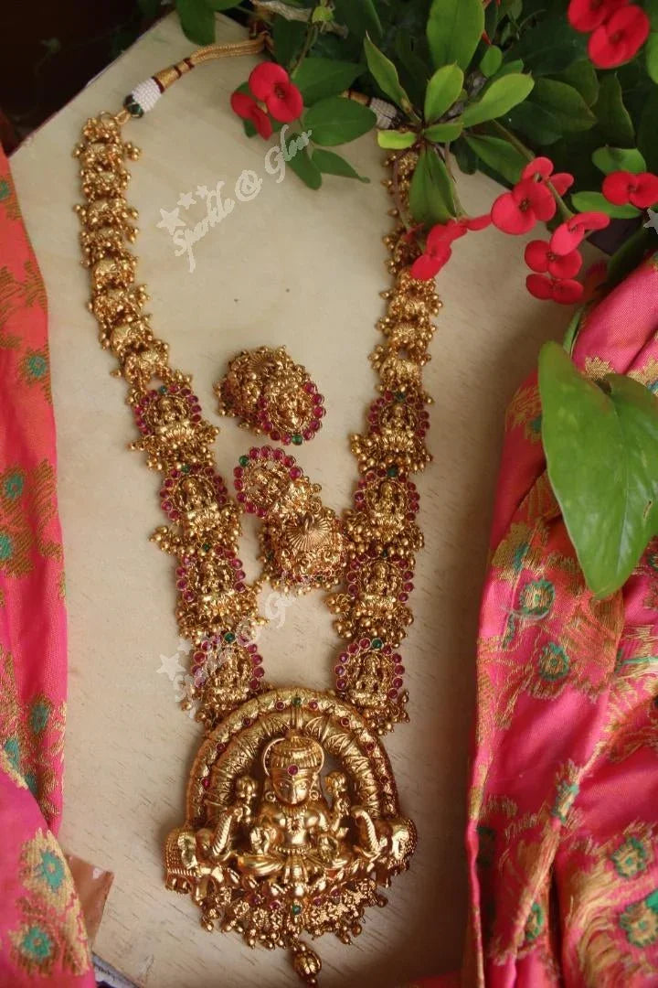 Gold alike Lakshmi haram crafted with kemp stones and carved with elephants - Gold - Sparkle and Glow