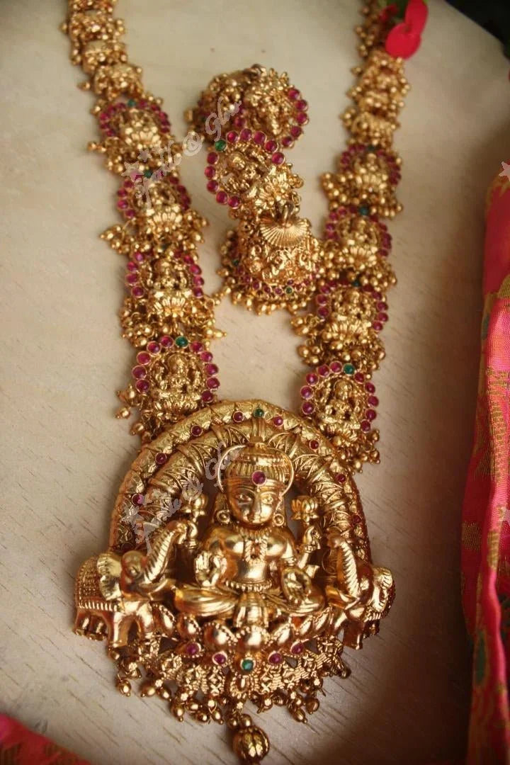 Gold alike Lakshmi haram crafted with kemp stones and carved with elephants - Gold - Sparkle and Glow