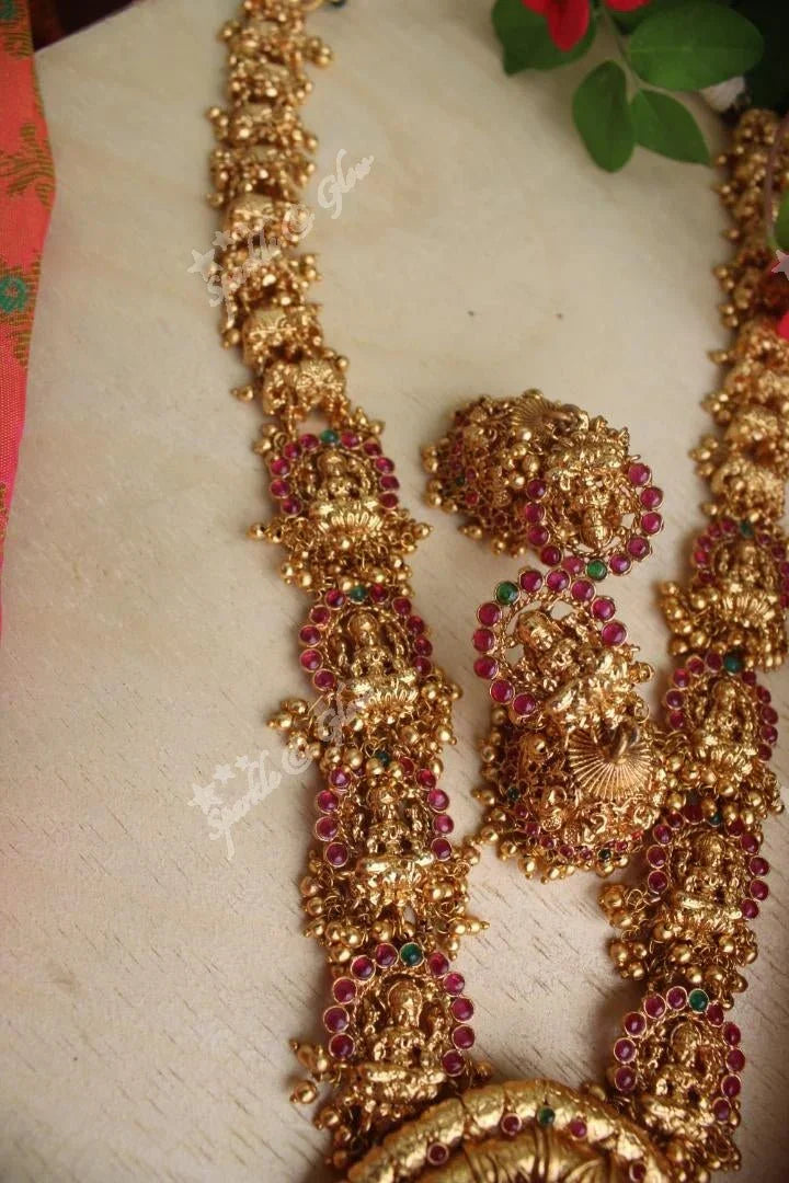 Gold alike Lakshmi haram crafted with kemp stones and carved with elephants - Gold - Sparkle and Glow