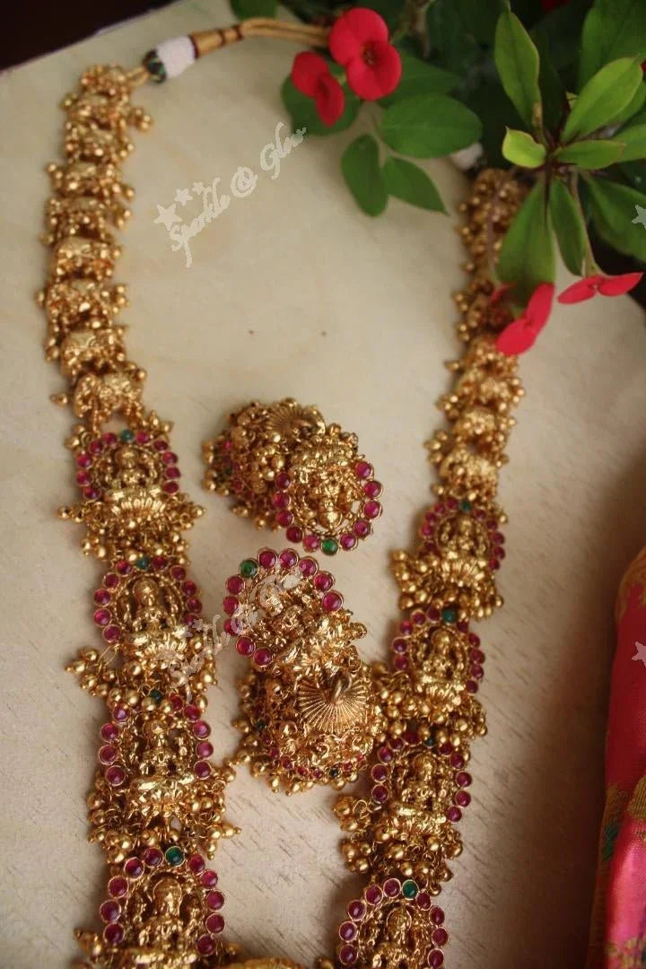 Gold alike Lakshmi haram crafted with kemp stones and carved with elephants - Gold - Sparkle and Glow