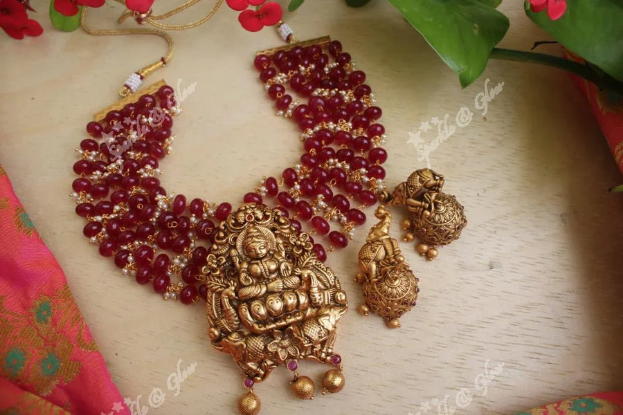 Statement Lakshmi pendent beads choker - Pink - Sparkle and Glow