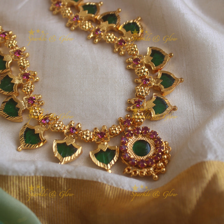 Statement Leaf shape green palakka kerala style long necklace with ruby stones and gold beads