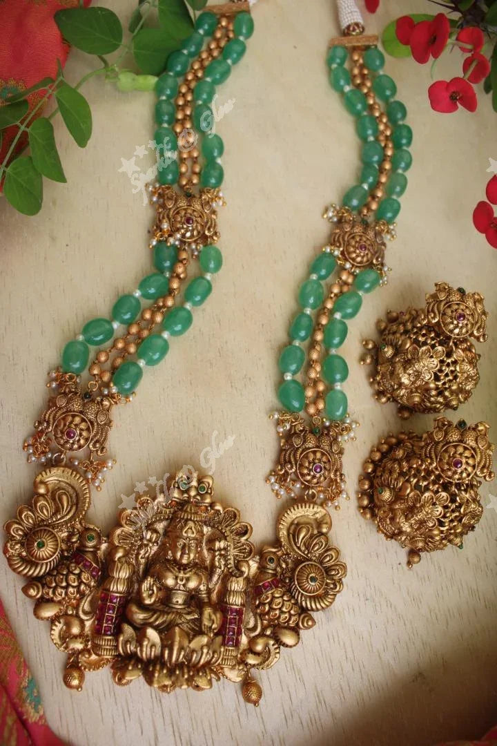 Statement layered beads lakshmi haram - Green - Sparkle and Glow