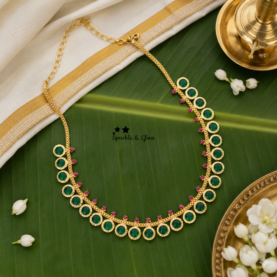 Green Palakka Ruby Short Necklace, Kerala Style