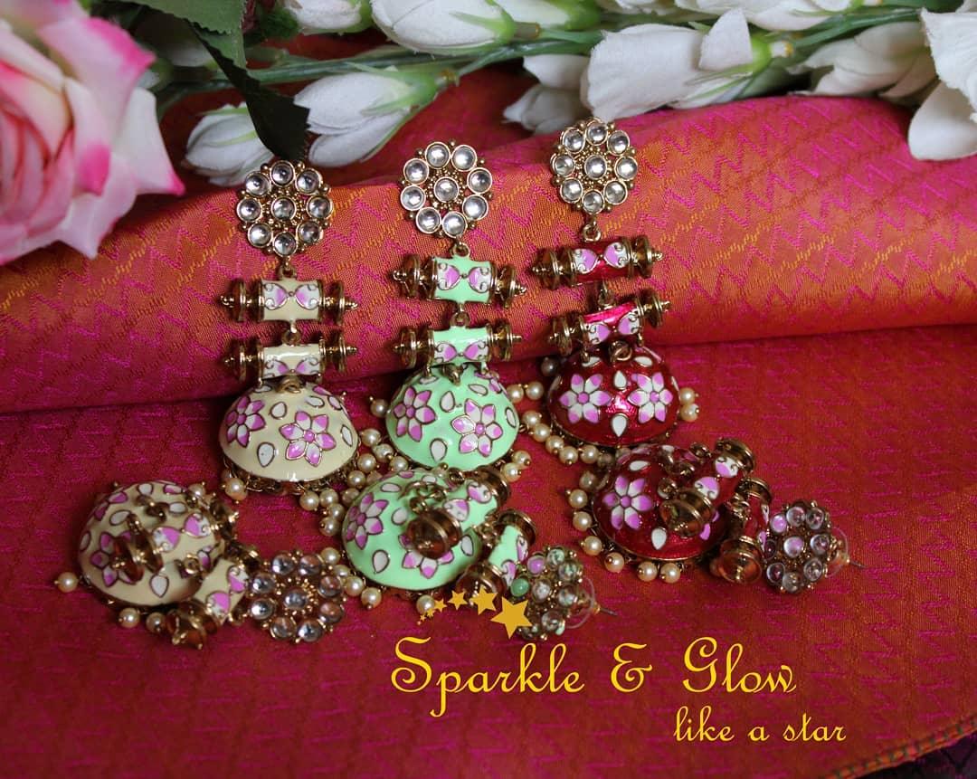 Light Yellow Meenakari Long Jhumkas - Designer Earrings