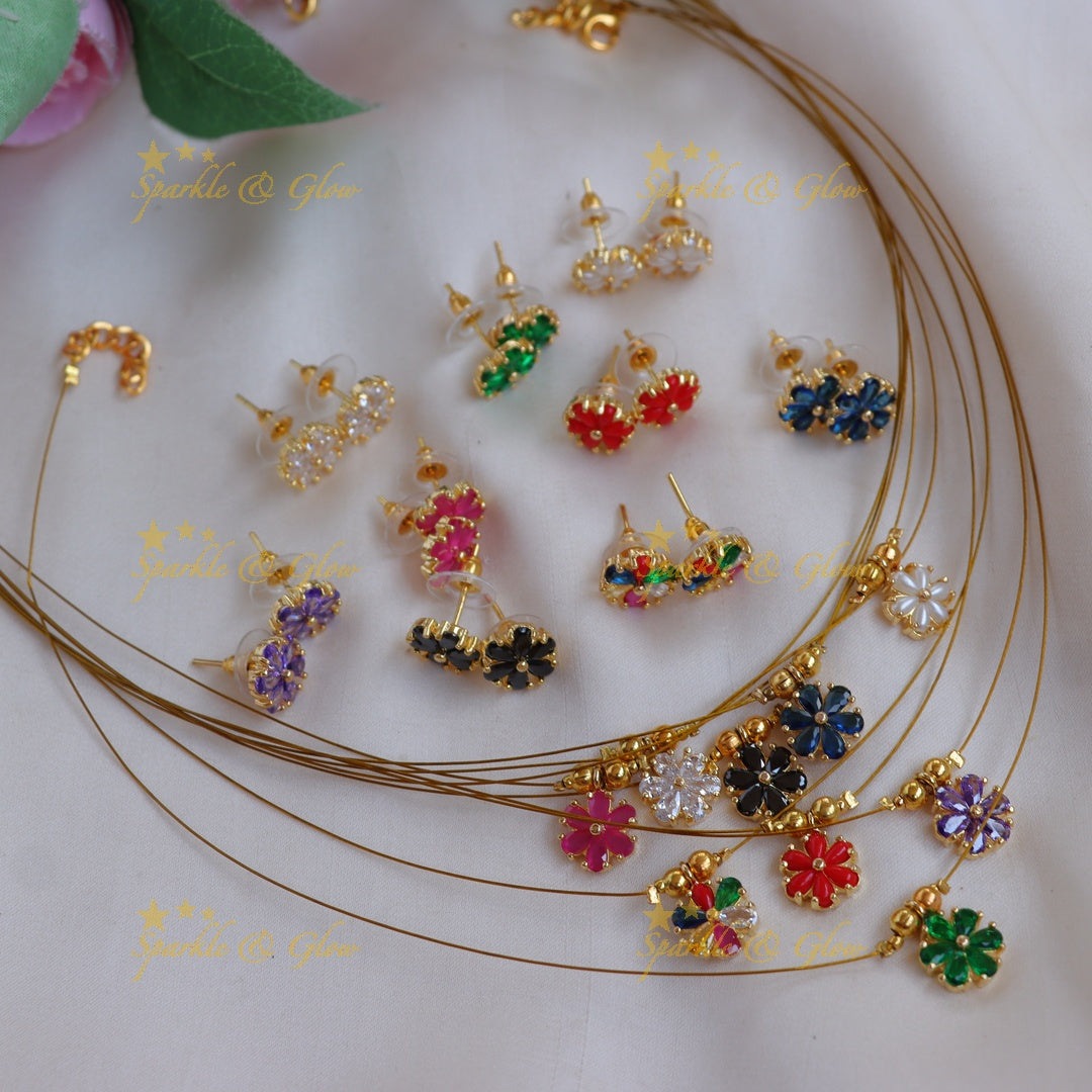 Stunning Colorful Floral Pendant Invisible Necklace with Matching Studs