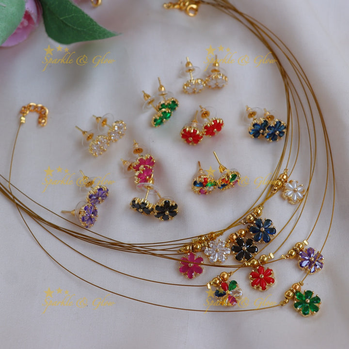 Stunning Colorful Floral Pendant Invisible Necklace with Matching Studs