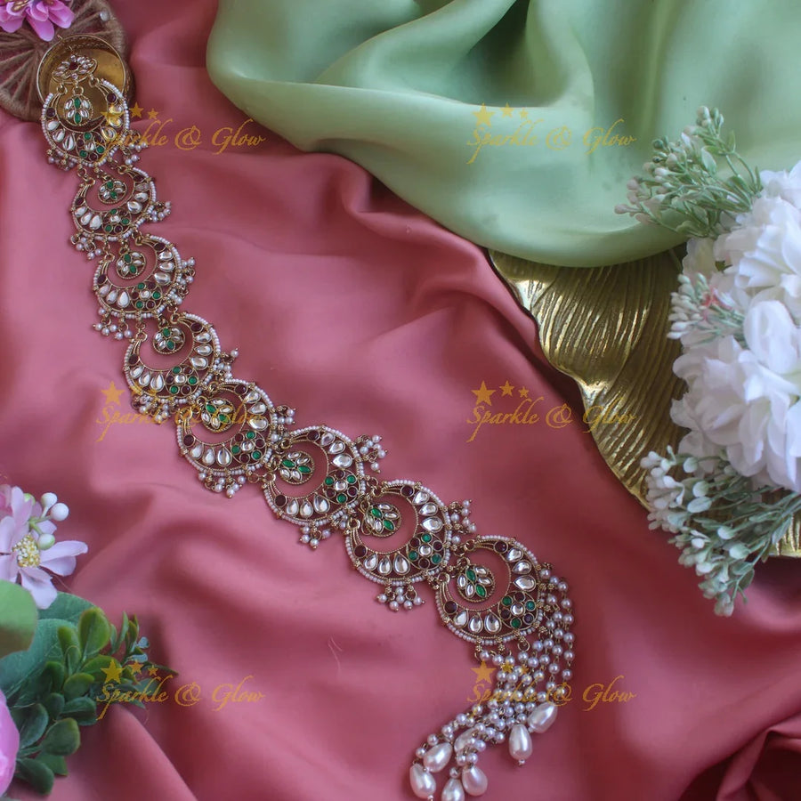 Gorgeous Half Moon design antique finish long jadabilla with kundan stones and pearl drops - Sparkle and Glow