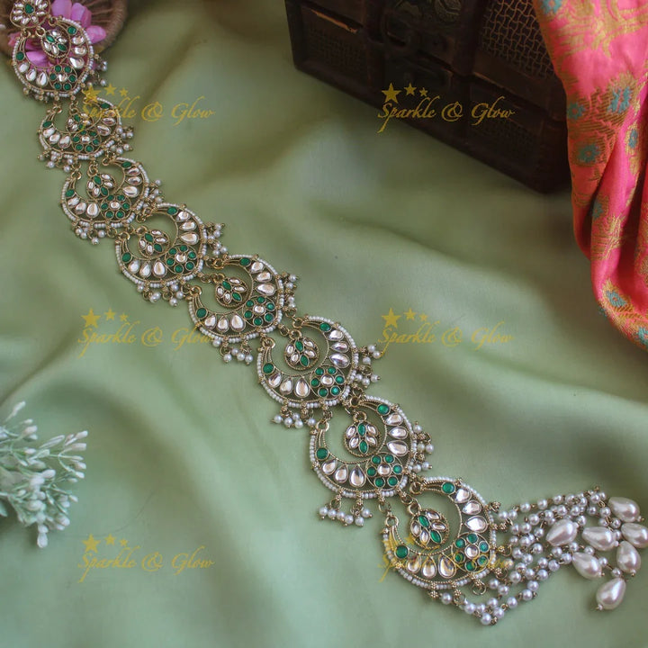 Gorgeous Half Moon design antique finish long jadabilla with kundan stones and pearl drops - Sparkle and Glow