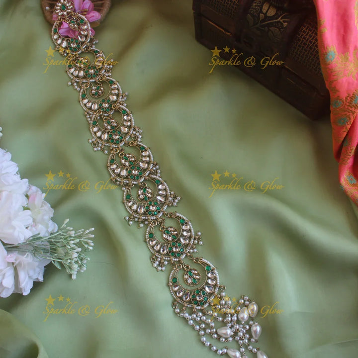 Gorgeous Half Moon design antique finish long jadabilla with kundan stones and pearl drops - Sparkle and Glow