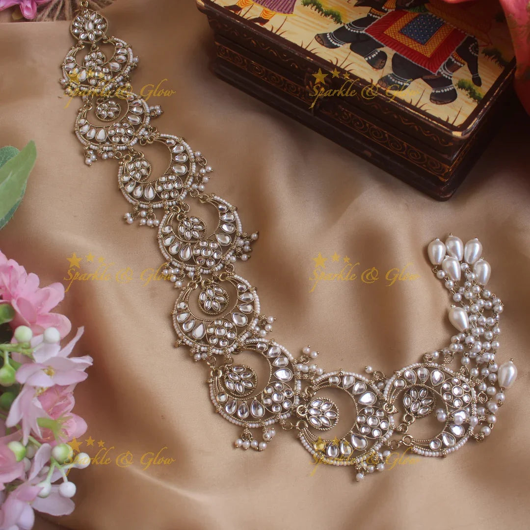 Gorgeous Half Moon design antique finish long jadabilla with kundan stones and pearl drops - Sparkle and Glow