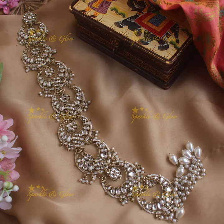 Gorgeous Half Moon design antique finish long jadabilla with kundan stones and pearl drops - Sparkle and Glow