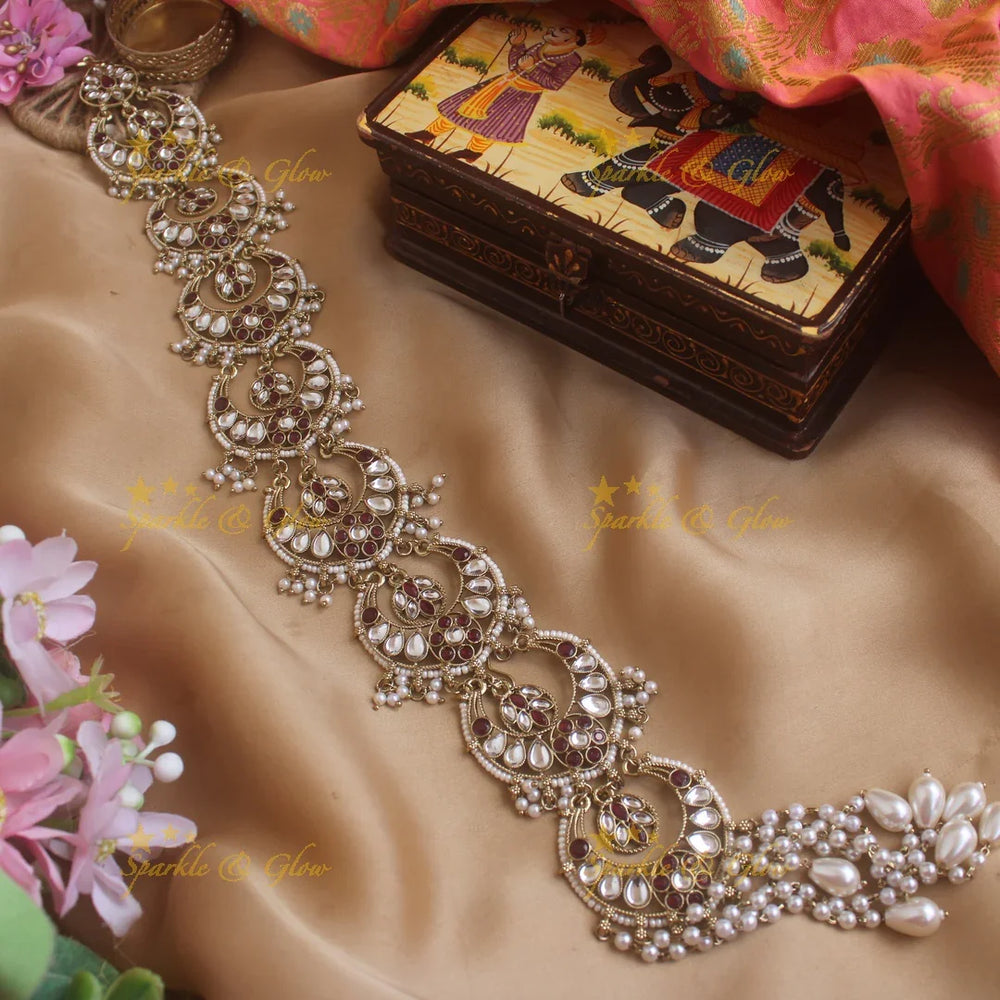 Gorgeous Half Moon design antique finish long jadabilla with kundan stones and pearl drops - Sparkle and Glow