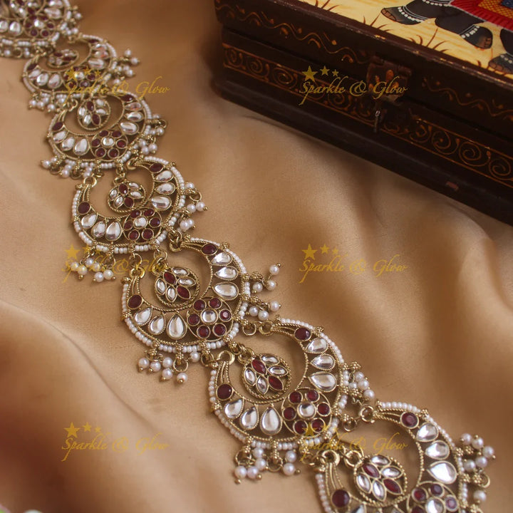 Gorgeous Half Moon design antique finish long jadabilla with kundan stones and pearl drops - Sparkle and Glow