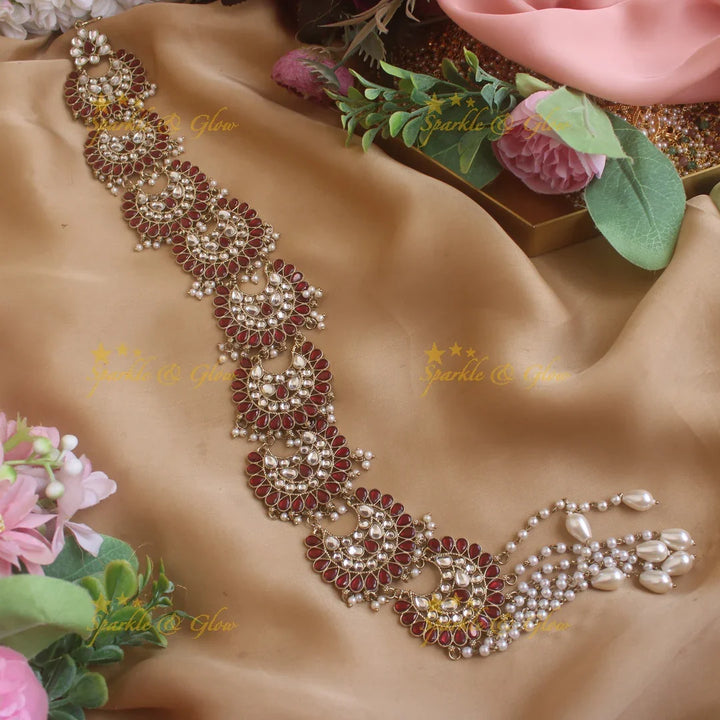 Beautiful Half Moon floral design antique finish long jadabilla with kundan stones and pearl drops - Sparkle and Glow