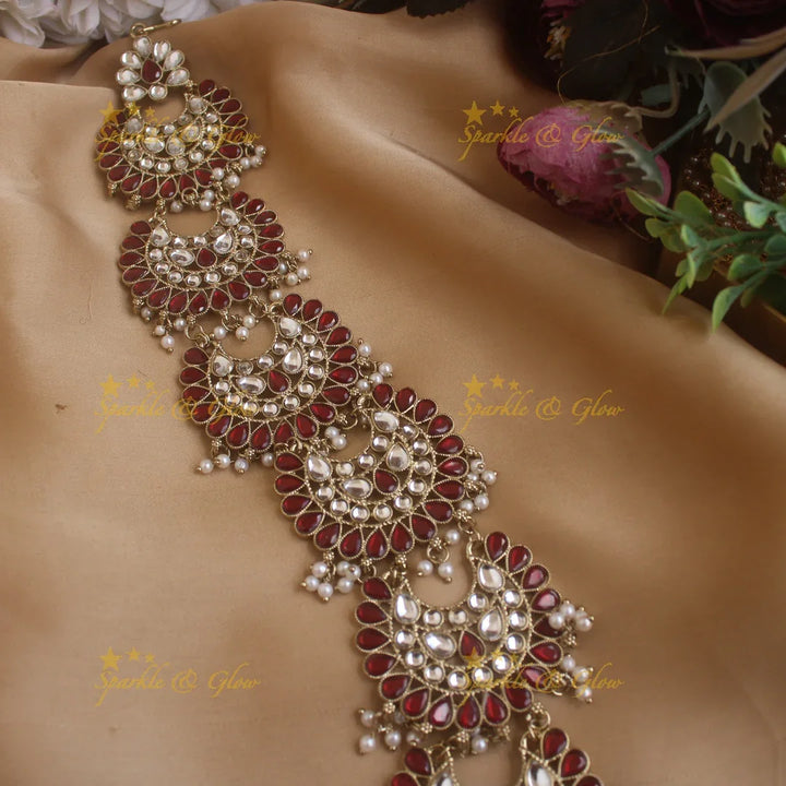 Beautiful Half Moon floral design antique finish long jadabilla with kundan stones and pearl drops - Sparkle and Glow