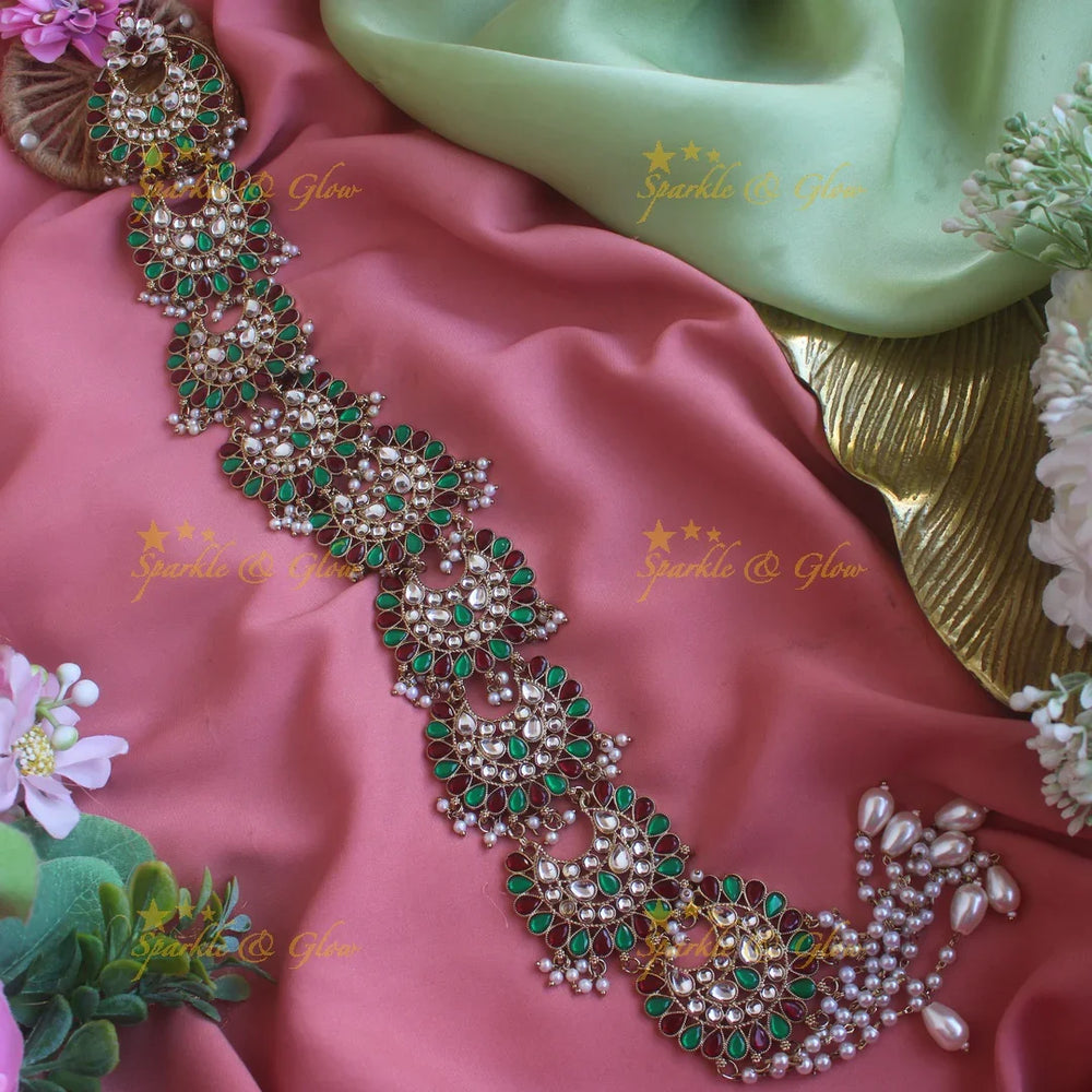 Beautiful Half Moon floral design antique finish long jadabilla with kundan stones and pearl drops - Sparkle and Glow