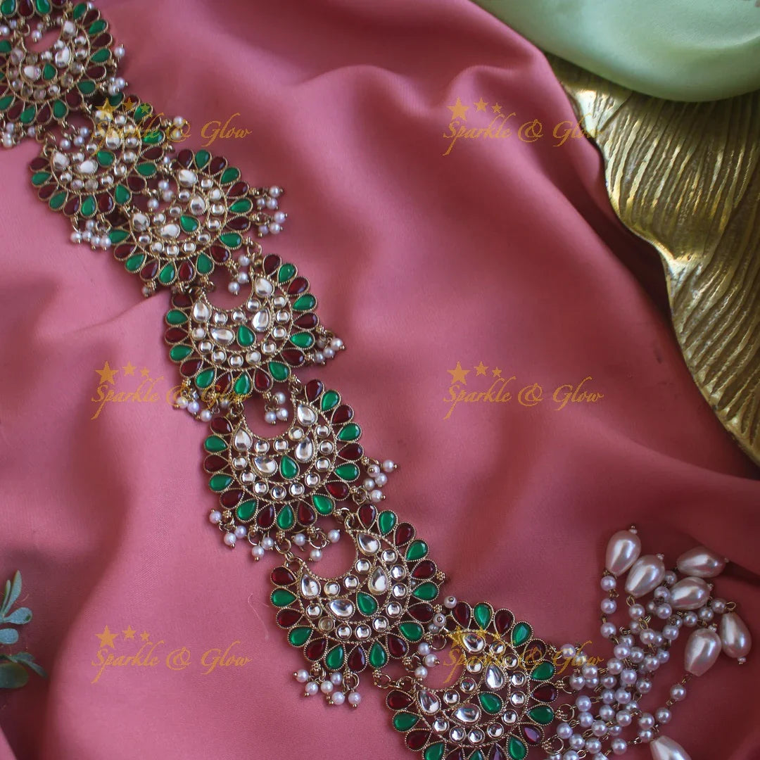 Beautiful Half Moon floral design antique finish long jadabilla with kundan stones and pearl drops - Sparkle and Glow