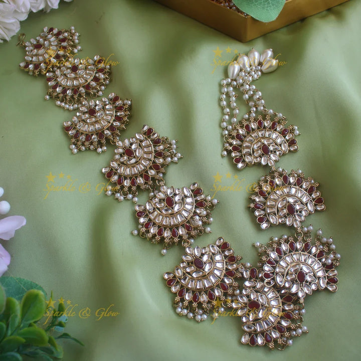 Stunning Floral Half Moon design antique finish long jadabilla with kundan stones and pearl drops - Sparkle and Glow