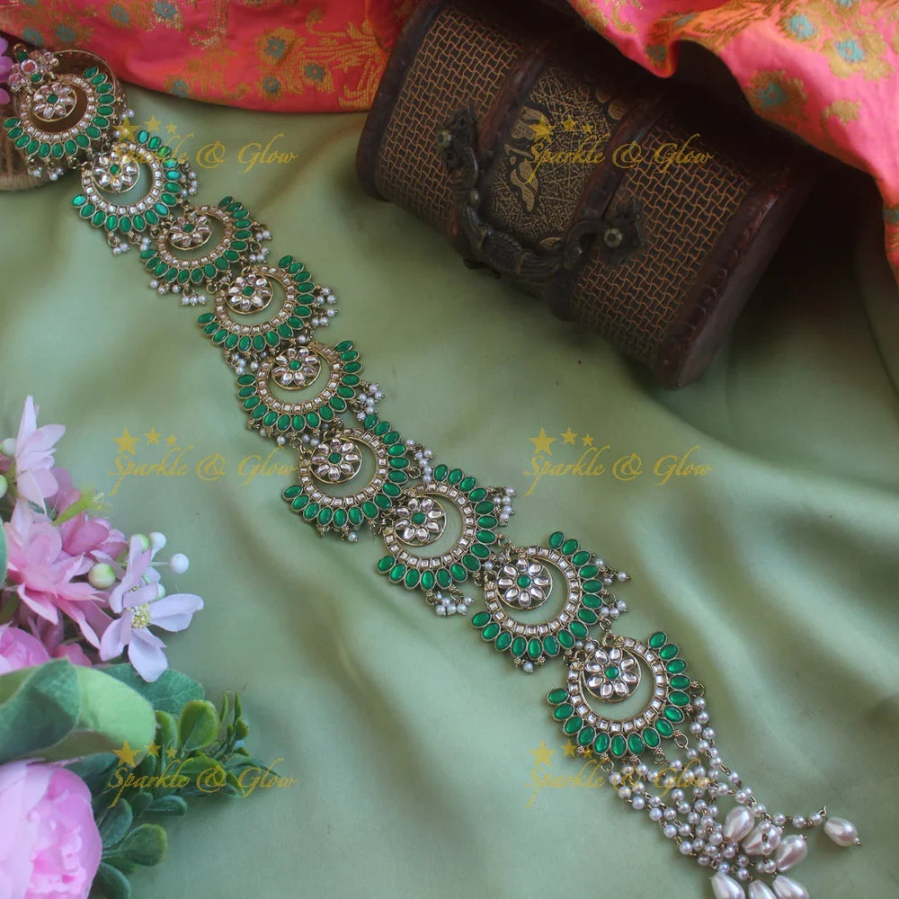 Grand Moon floral design antique finish long jadabilla with kundan stones and pearl drops - Sparkle and Glow