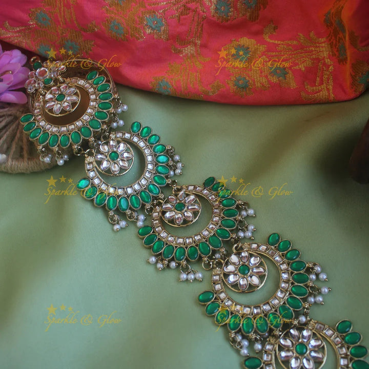 Grand Moon floral design antique finish long jadabilla with kundan stones and pearl drops - Sparkle and Glow