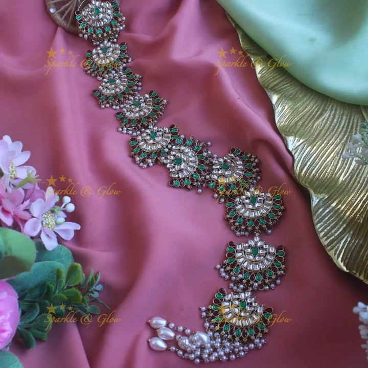 Stunning Floral Half Moon design antique finish long jadabilla with kundan stones and pearl drops - Sparkle and Glow