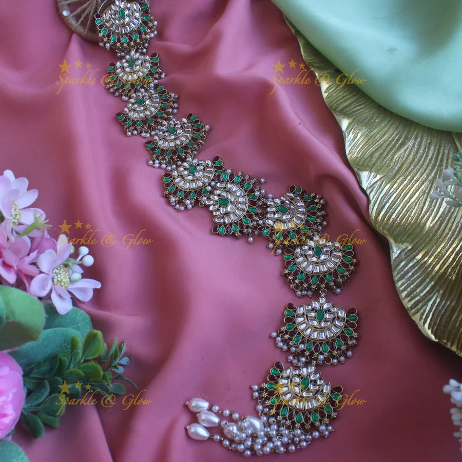 Stunning Floral Half Moon design antique finish long jadabilla with kundan stones and pearl drops - Sparkle and Glow