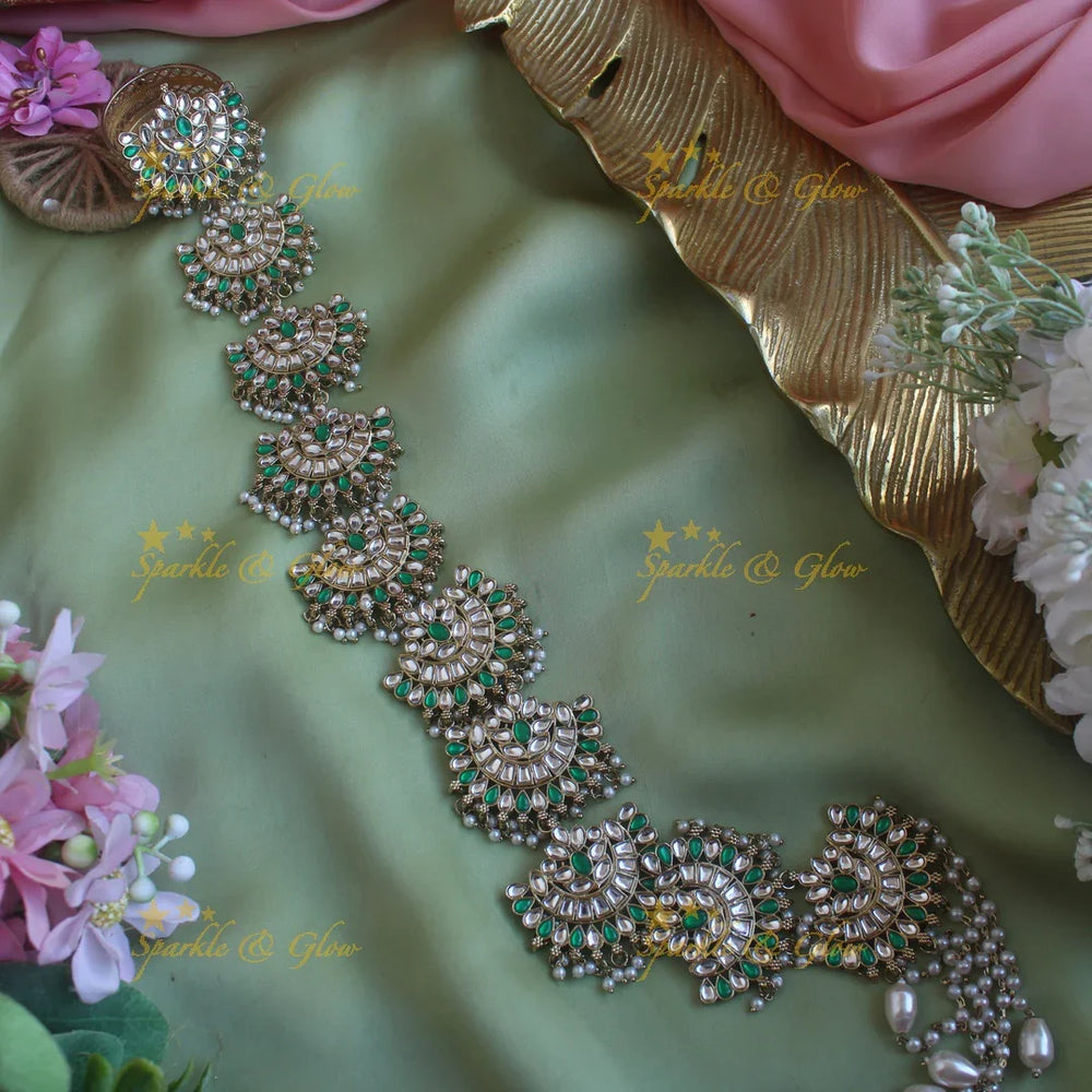 Stunning Floral Half Moon design antique finish long jadabilla with kundan stones and pearl drops - Sparkle and Glow