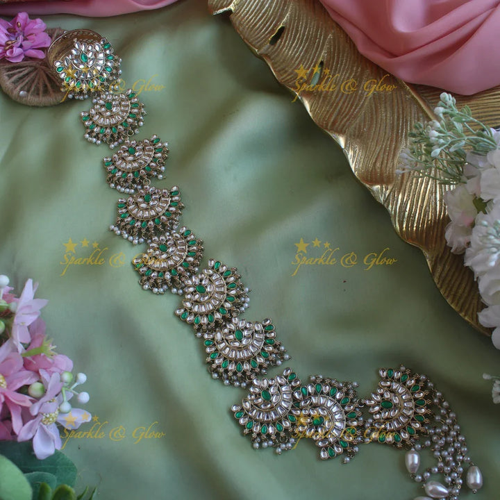 Stunning Floral Half Moon design antique finish long jadabilla with kundan stones and pearl drops - Sparkle and Glow