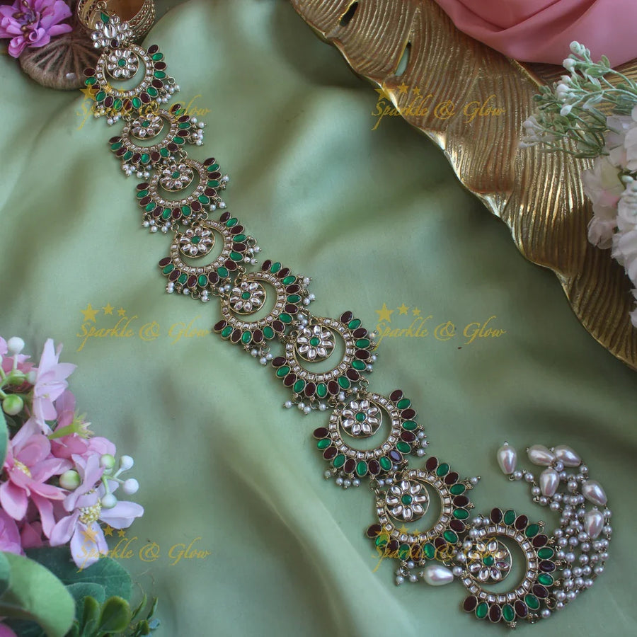Grand Moon floral design antique finish long jadabilla with kundan stones and pearl drops - Sparkle and Glow