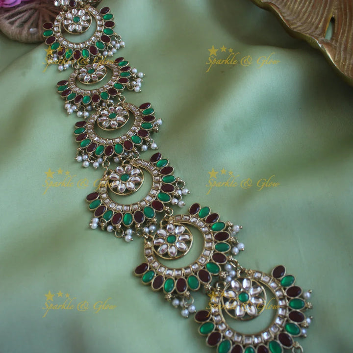 Grand Moon floral design antique finish long jadabilla with kundan stones and pearl drops - Sparkle and Glow