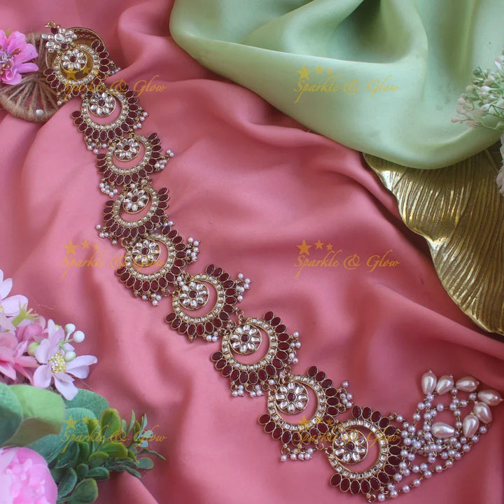 Grand Moon floral design antique finish long jadabilla with kundan stones and pearl drops - Sparkle and Glow