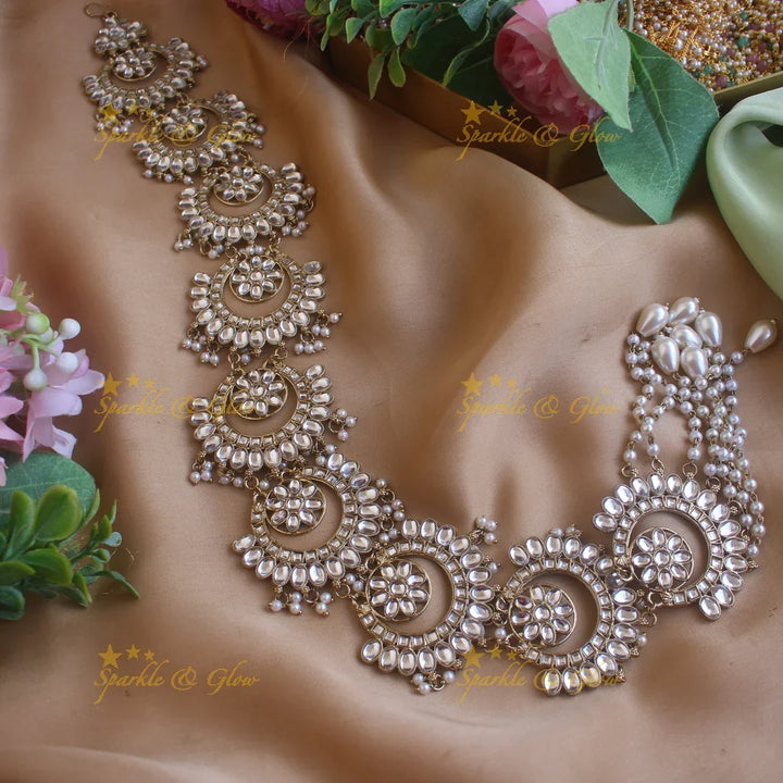 Grand Moon floral design antique finish long jadabilla with kundan stones and pearl drops - Sparkle and Glow