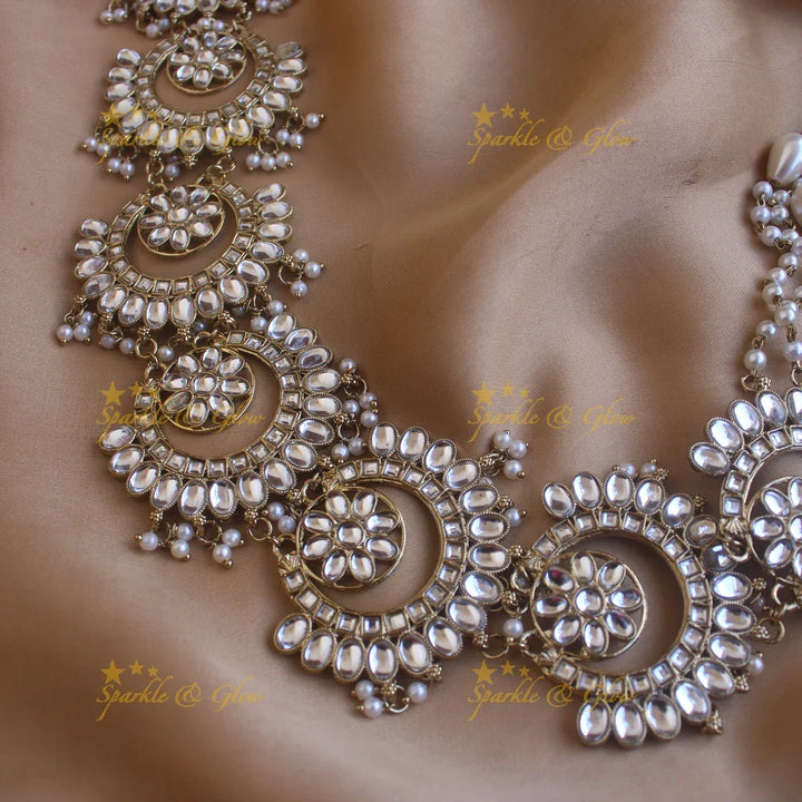 Grand Moon floral design antique finish long jadabilla with kundan stones and pearl drops - Sparkle and Glow