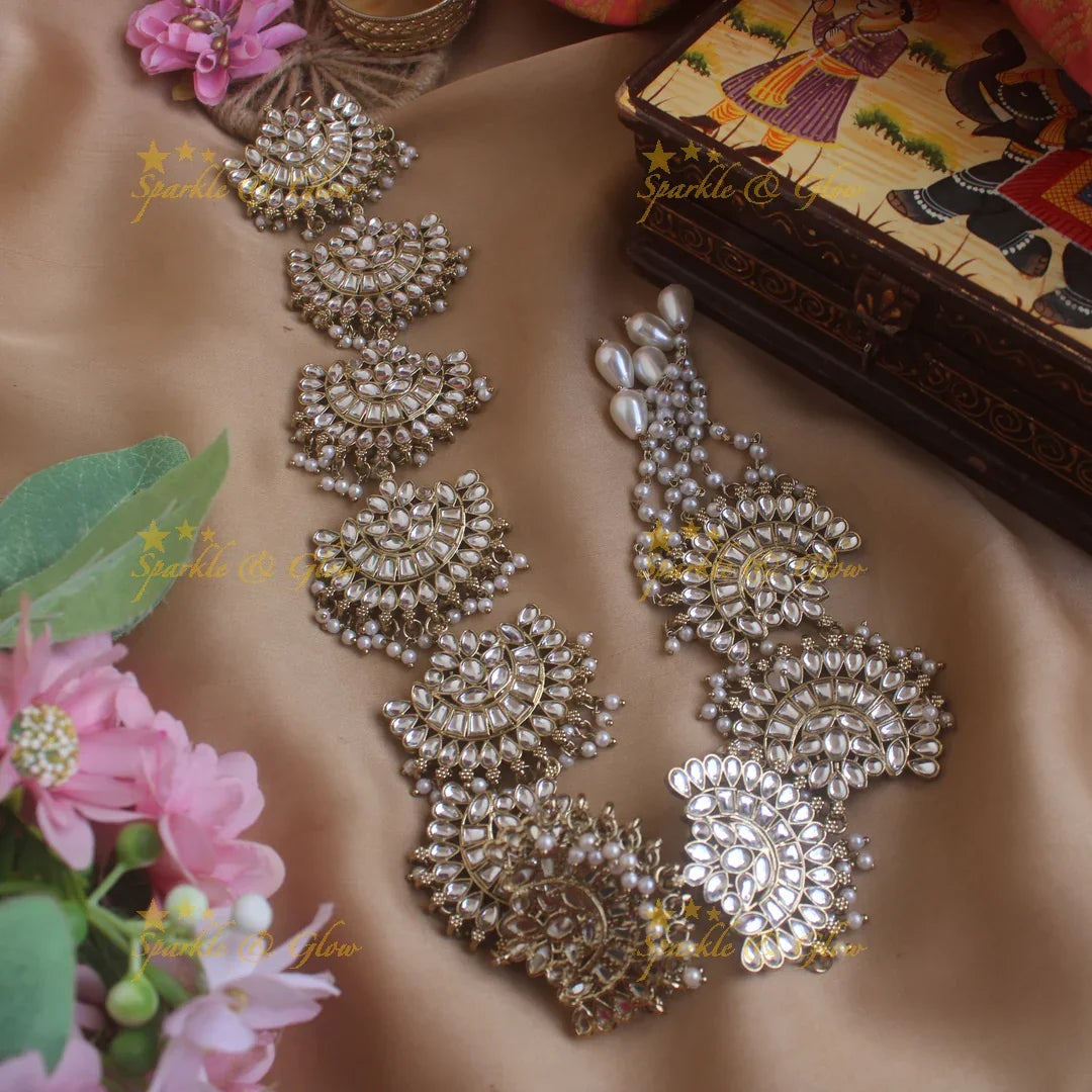 Stunning Floral Half Moon design antique finish long jadabilla with kundan stones and pearl drops - Sparkle and Glow