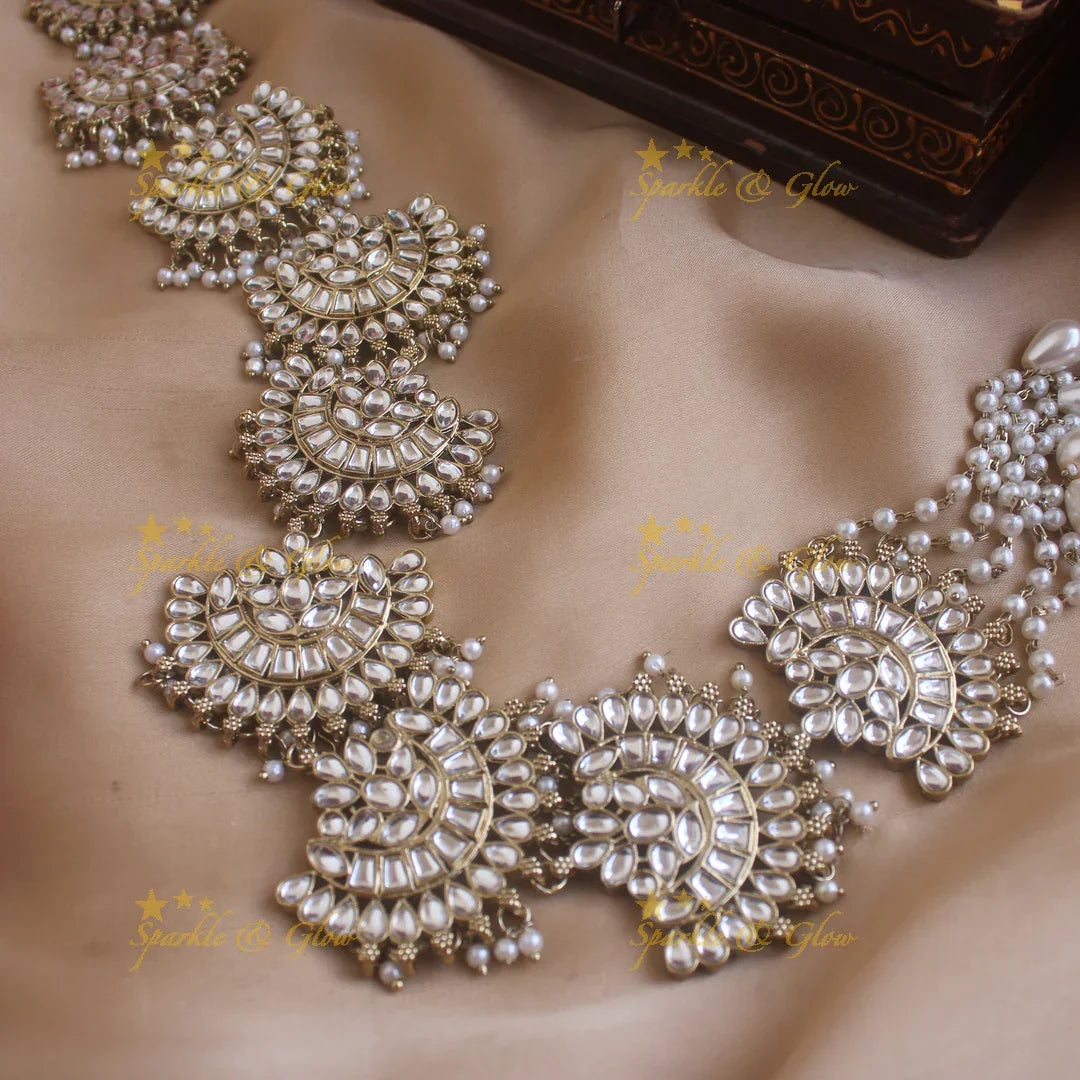 Stunning Floral Half Moon design antique finish long jadabilla with kundan stones and pearl drops - Sparkle and Glow