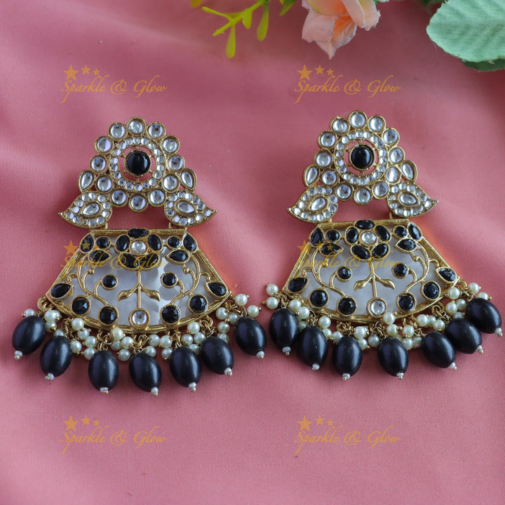 Grand Kundan Floral Mango Antique Earrings-Blue