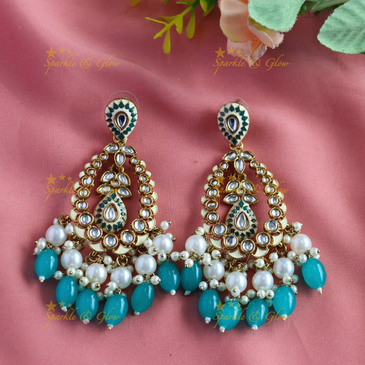 Elegant Leaf Mango design Antique Chandbali Earrings-Skyblue