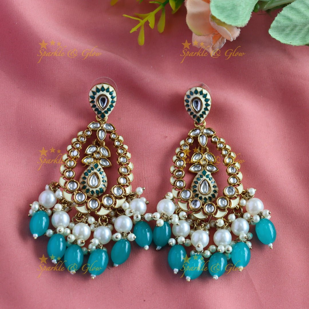 Elegant Leaf Mango design Antique Chandbali Earrings - White - Sparkle and Glow - Skyblue - 