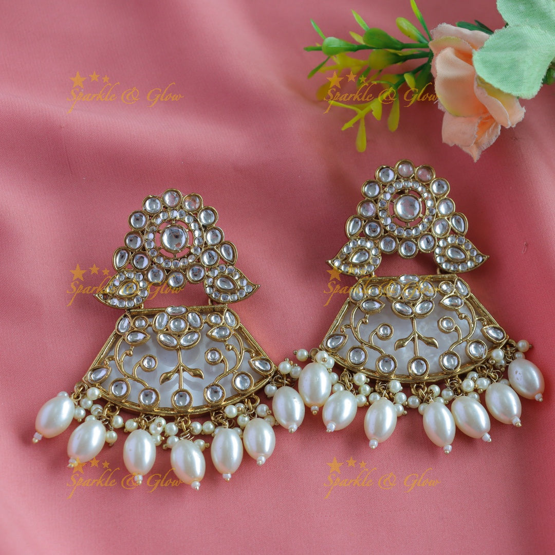 Grand Kundan Floral Mango Antique Earrings-Blue