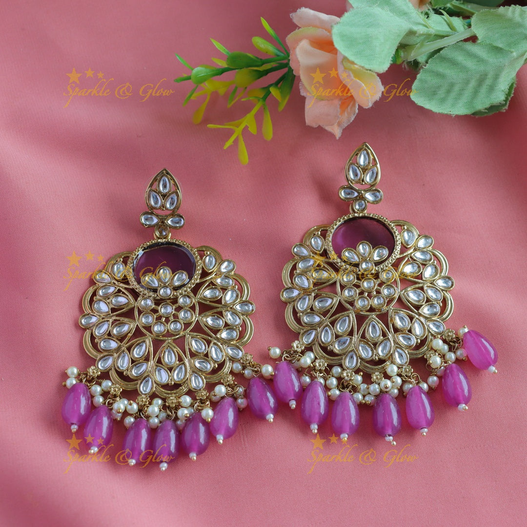 Sparkling Half Moon Floral design Antique Earrings-Purple