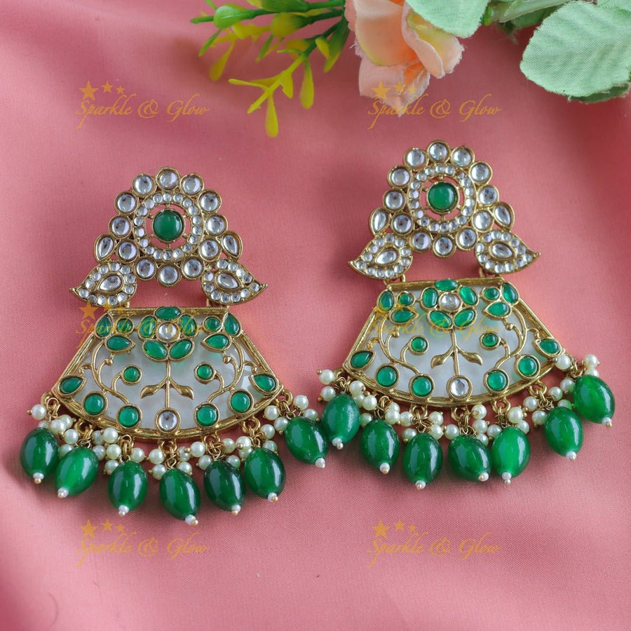 Grand Kundan Floral Mango Antique Earrings - Skyblue - Sparkle and Glow - Green - 