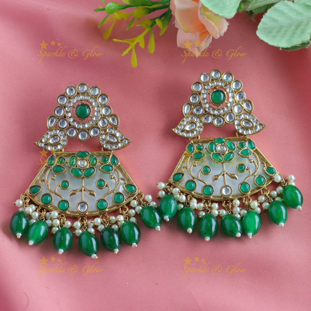 Grand Kundan Floral Mango Antique Earrings-Blue