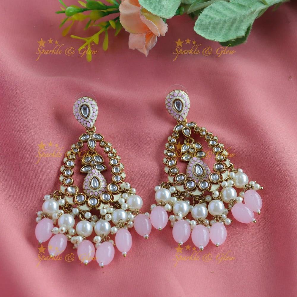 Elegant Leaf Mango design Antique Chandbali Earrings - White - Sparkle and Glow - Light pink - 