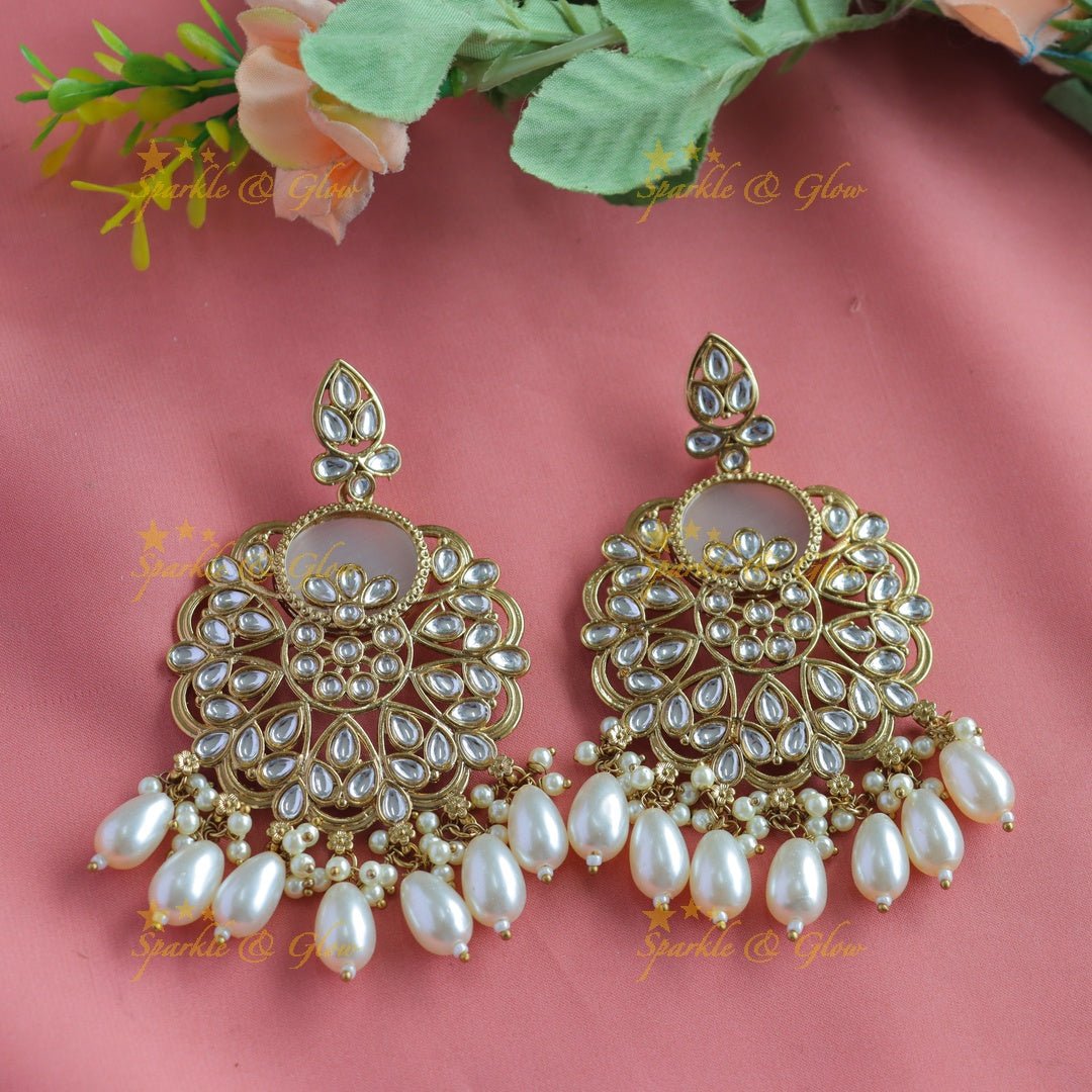 Sparkling Half Moon Floral design Antique Earrings - White - Sparkle and Glow - White - 