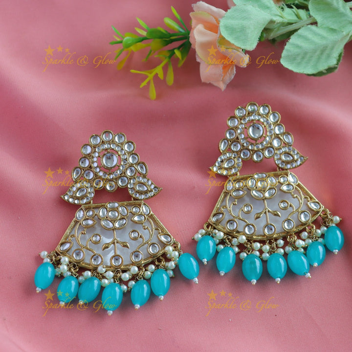 Grand Kundan Floral Mango Antique Earrings-Blue