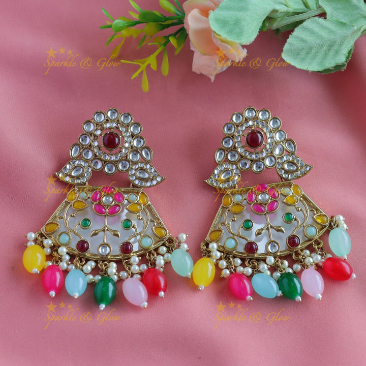 Grand Kundan Floral Mango Antique Earrings-Blue